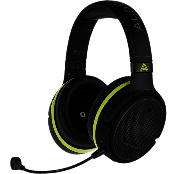 Audeze Penrose X without any glowing parts. They are made of black plastic with ovally shaped and bigger ear cups than typical for gaming headsets. They have only a stable headband with a rather small cushion in the middle.