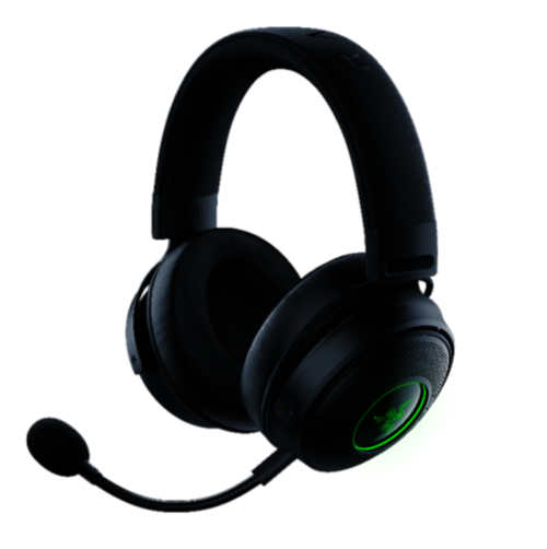 The Razer Kraken V3 Pro with the microphone attached and no cable coming from it. The accent color is green as is typical for razer products.