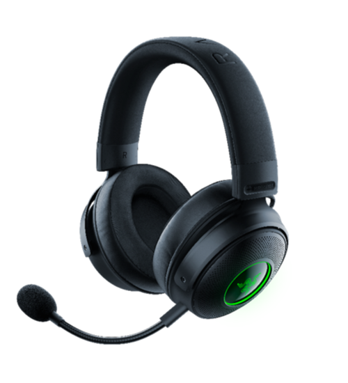 The Razer Kraken V3 Pro with the microphone attached and no cable coming from it. The accent color is green as is typical for razer products.